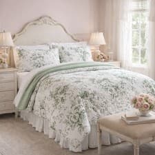 Image of Laura Ashley Toile Delight Green / White King Comforter Set  Shabby Chic