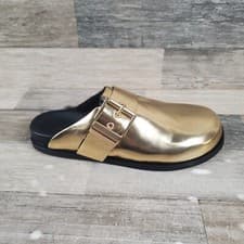 Image of Allsaints Venus Shearling Womens Mules Sz 9 Mirror Gold Leather Slip-On Sandals