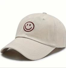 Image of Smiley Face Embroidered Baseball Cap Happy Beige Unisex Rave Party Hat NEW