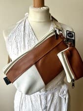 Image of Cross Body Bumbag Handcrafted UK Waist Bag & Purse brown, white leather New SALE