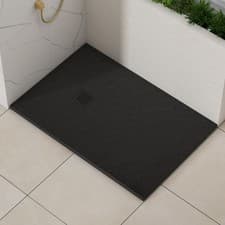 Image of 30mm Slimline Rectangular Black Slate Effect Stone Shower Tray with Free Grate