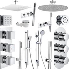 Image of Chrome Concealed Thermostatic Shower Mixer Valve, Arm, Head, Handsets, jets