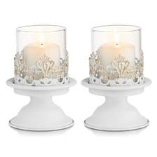 Image of Christmas Candle Holders White For Pillar Candle Distressed Antiqued Metal/Glass