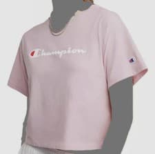Image of $25 Champion Women's Pink Short-Sleeve Logo Cropped T-Shirt Top Size XS