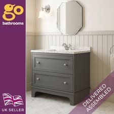 Image of Grey Bathroom Vanity Unit with Marble Top Sink 2 Drawer Storage Classic 1000mm