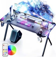 Image of Gaming Desk With LED Lights Carbon Fiber Surface Cup Holder & Headphone Hook NEW