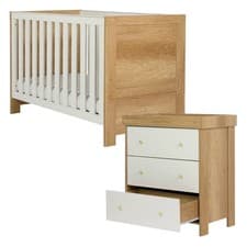 Image of Obaby Nika 2 Piece Nursery Set Oak White Cot Bed & Changing Unit Baby Furniture