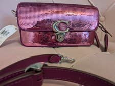 Image of Coach Pink Sequins Studio Baguette 20 Shoulder Bag Crossbody Leather NWT CM428