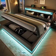 Image of Double Upholstered Ottoman Bed 4ft6 w/ Hydraulic Storage, LED & Charging, Grey