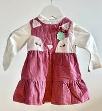 Image of Monsoon Baby Girls 2-piece Cotton Tweed Pink Cat Pinny Dress Set Ages 3-6 Months