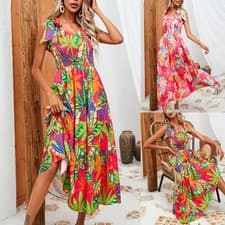 Image of Women's Leaf Printed Chest Wrapping Strap Dress for Vacation Beach Skirt