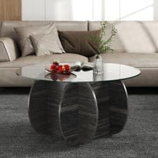 Image of 89cm Round Coffee Table with Solid Wood Base-Dark Rustic Oak