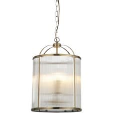 Image of Hanging Ceiling Pendant Light Antique Brass & Clear Ribbed Glass 4 X 6W LED E14