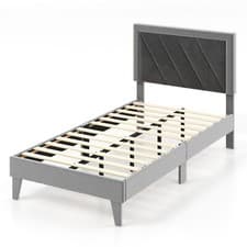 Image of Single Size Bed Frame Velvet Upholstered Platform Bed Slat with High Headboard