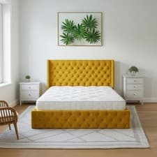 Image of Mustard Plush Sleigh Bed Frame with Chesterfield Wingback Headboard & Footboard