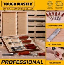 Image of Chisel Set of 6 pc Wood Workshop Carbon Blade W/Cover Prestigious Wooden Box 