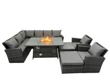 Image of Fimous High Back Rattan Corner Garden Furniture Gas Fire Pit Heater Dining Table