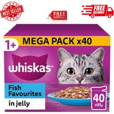 Image of 40 x 85g Whiskas 1+ Fish Favourites Mixed Adult Wet Cat Food Pouches in Jelly
