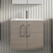 Image of Nuie Arno Wall Hung 2-Door Vanity Unit & Basin-2 600mm - Solace Oak Woodgrain