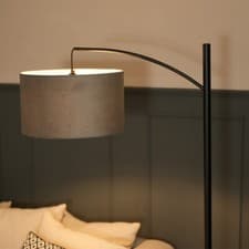 Image of Black Metal Curve Floor Lamp Large Velvet Drum Lampshade Living Room Decor Light