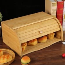 Image of Wooden Bamboo Roll Top Bread Bin Loaf Box Container Kitchen Food Storage