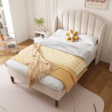 Image of 3ft Single Bed with Headboard Slatted Frame Velvet Youth Bed Easy Assembly Beige