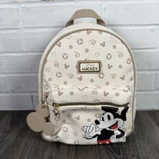 Image of Primark Disney Mickey Mouse Faux Leather Backpack Beige Cream Monogram New NWT