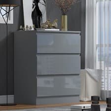Image of Grey High Gloss Chest Of 3 Drawers Bedroom Furniture Scratch Resistant
