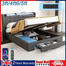 Image of NEW OTTOMAN STORAGE UPHOLSTERED BED FRAME WITH SOCKET & LED LIGHT & DRAWER 3-5FT