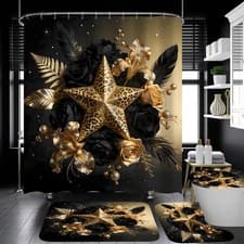 Image of Black and Gold Shower Curtain Sets with Rugs, Luxury Leopard Star Floral Bath...