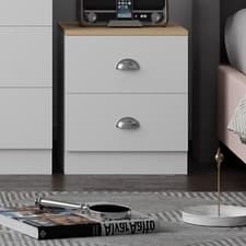 Image of Matt White 2 Drawer Bedside Cabinet Oak Top Metal Cup Handles Bedroom Furniture