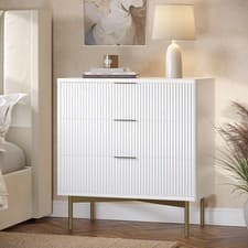Image of Chest of Drawers White Gloss with 3 Ribbed Drawers Gold Handles Legs Art Deco