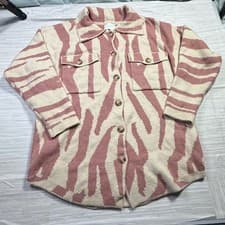 Image of Lush Pink Cream Zebra Print Knit Shacket Button Front Sweater Shirt Size M