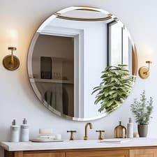 Image of Sleek Polished Round Beveled Wall Vanity Mirror Anti-Rust Hanging Hallway & Home