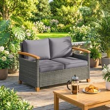 Image of 2 Seater Rattan Garden Sofa with Thick Cushions, Acacia Wood Armrests