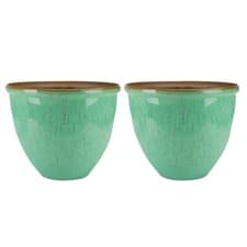 Image of [Set of 2] 30cm Round Garden Planter Running Glaze Ceramic Look Pot - Turquoise