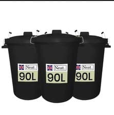 Image of 3*90L Large Black Dustbin For Garden With Heavy Duty Weather Resistance