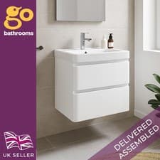 Image of 600mm Wall Hung Bathroom Vanity Unit Basin Sink Gloss White 2 Drawer Soft Close