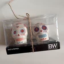 Image of Halloween Day of The Dead Skulls Salt & Pepper Shaker Set BW 2”w X 2” d X 3” h
