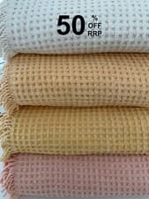 Image of British Throw-over Bedspread Classic Waffle 100%Cotton Pink Yellow Salmon Ecru