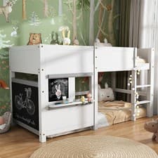 Image of Bunk Bed Single Children Wooden Cabin Frame Bed Kids Mid Sleeper with Ladder