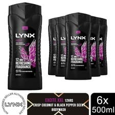 Image of Lynx Excite Mens Shower Gel 500ml 6 Pack 12H Freshness 3in1 Body Face Hair Wash