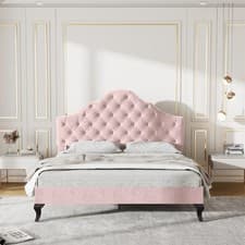 Image of 4ft6 Double Size Bed Frame Velvet Upholstered Platform Bed with Headboard Pink