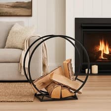 Image of Black Metal Circular Log Holder Fireplace Wood Storage Stand Modern Fire Rack