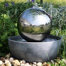 Image of Stainless Steel Sphere Water Feature Cascade Eclipse with Lights Reservoir 45cm
