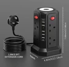 Image of 8 Way Tower Extension Lead UK Plug 5 USB Surge Protect 4 Switches HAFINO