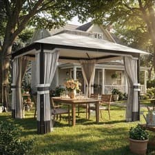 Image of 3 x 3.6 m Outdoor Garden Gazebo with Netting, Curtains, Double Roof