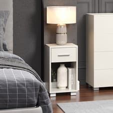 Image of Lido 1 Drawer Compact Bedside Cabinet, Gloss White Finish, Silver-Effect Handles