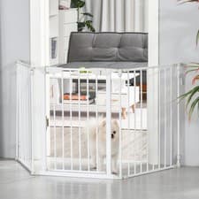 Image of Pet Gate Dog Playpen for Indoor Stair Barrier W/ Walk Through Door White