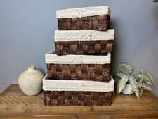 Image of Wicker Lined Log Hamper Baskets Home Storage Dark Brown Lattice